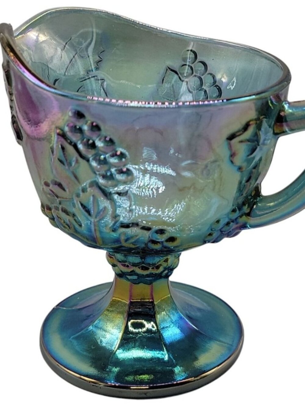 Vtg Colony Indiana Glass Blue Carnival Glass Harvest Grape Footed Creamer 1970s - Picture 6 of 7